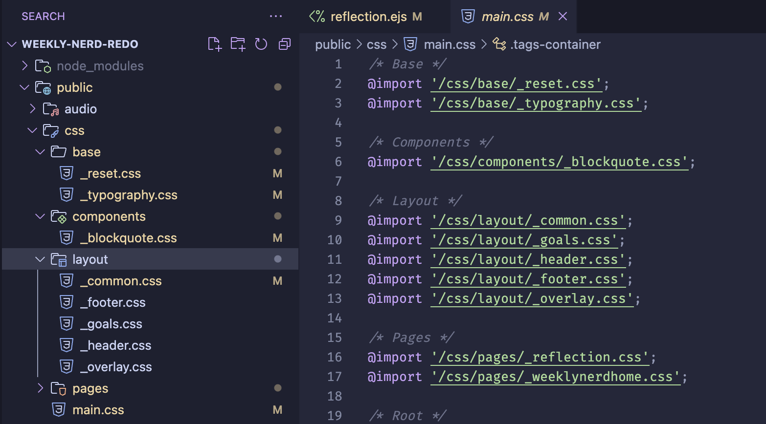 A code editor showing how I used components in CSS. I have my files on the side and the code on the right.