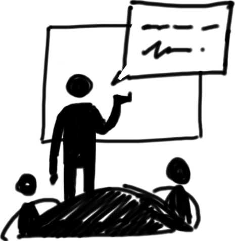 An illustrated image of a stickwoman standing in front of a whiteboard, speaking to colleagues at a table. The text bubble is in scribbles.